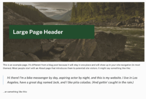 An image showcasing the cover block in WordPress with a background image of a forest applied. On top of the image is a dark green rectangle and in white text, it says Large Page Header